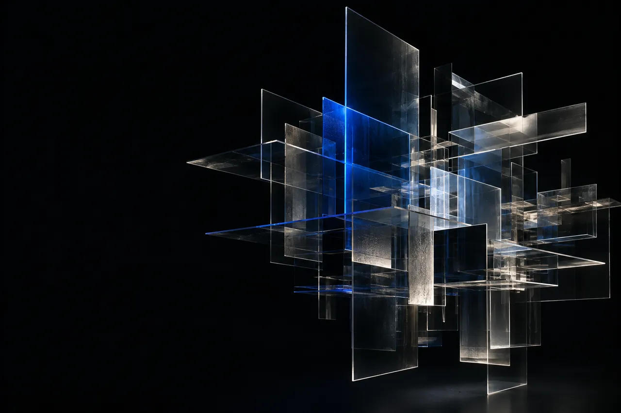 Layered glass planes suspended in darkness, lit in blue and white.