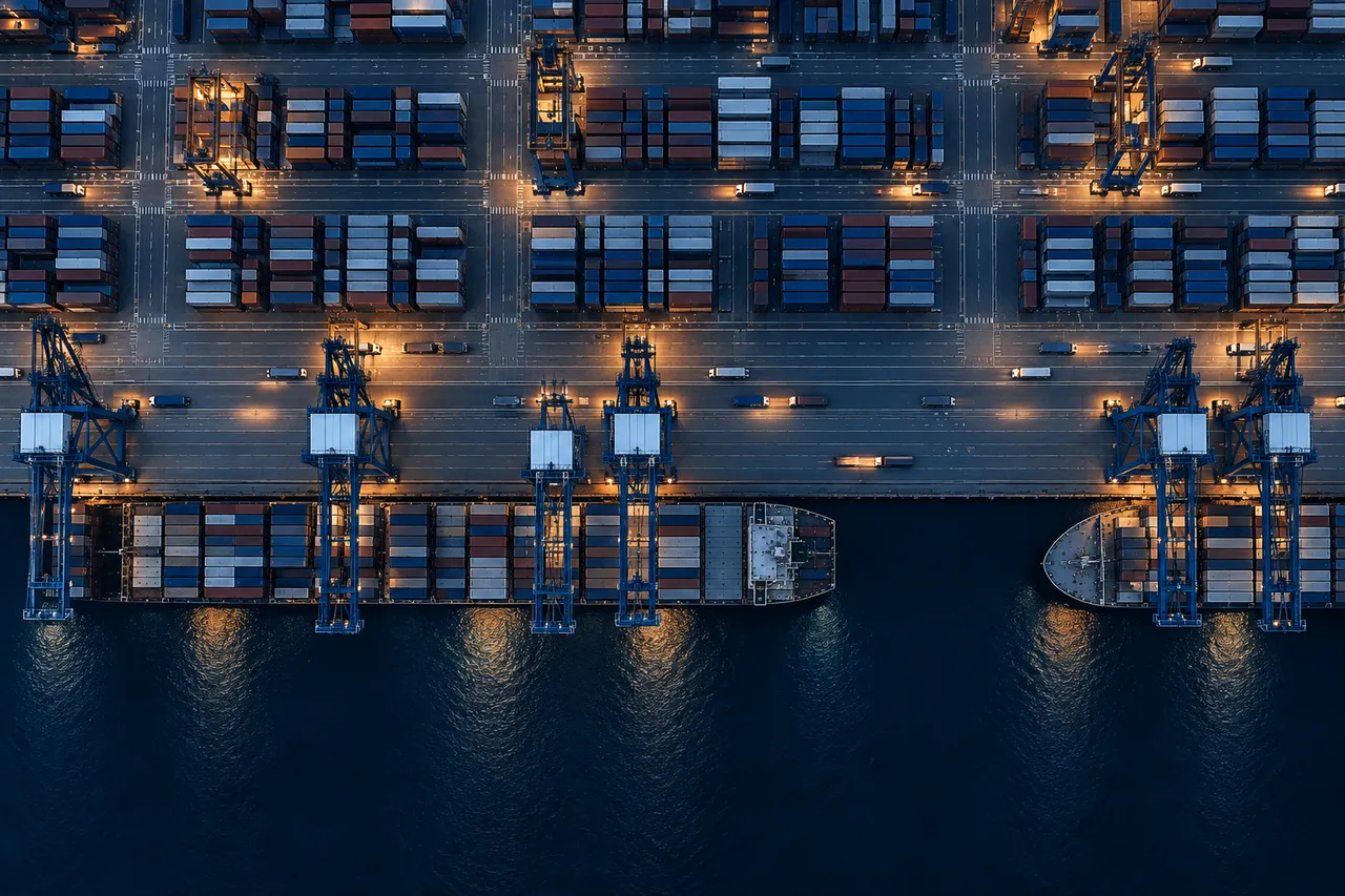 Aerial view of a container port at blue hour.